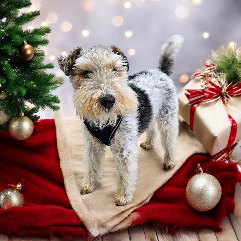 A hand-stripped wire fox terrier standing on a cream blanket in a festive studio set